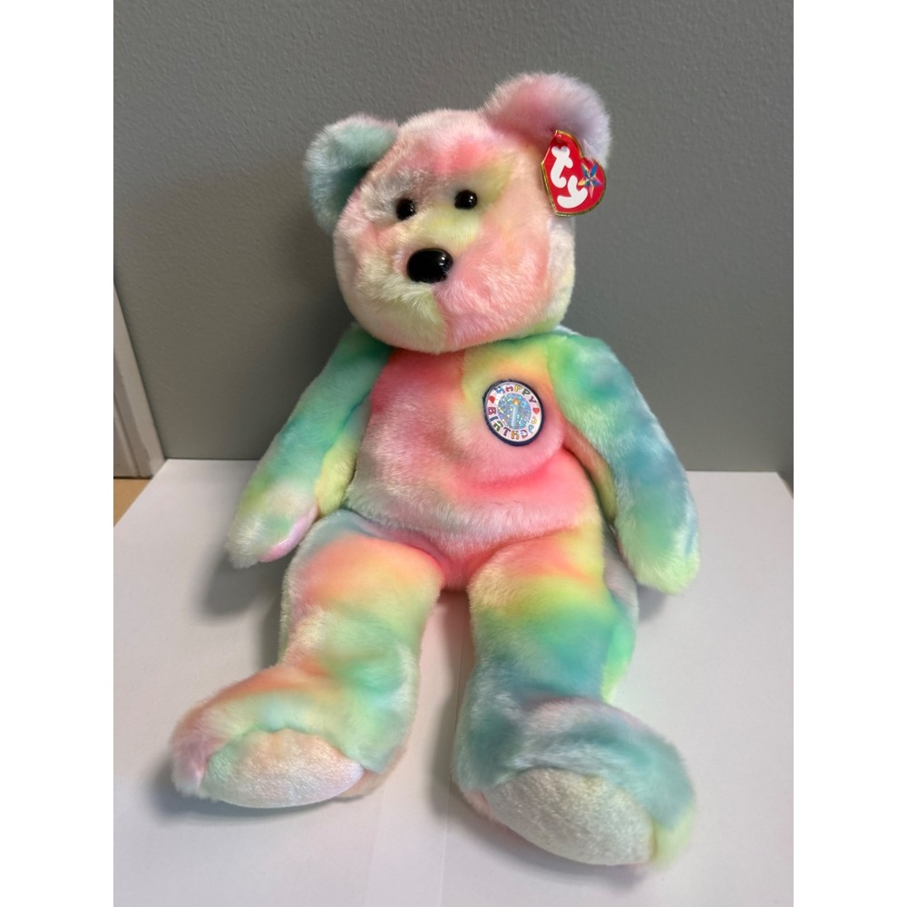 Ty Beanie Buddy BB Bear 2000Pastel Tie Dye Happy Birthday Plush Large 13 in